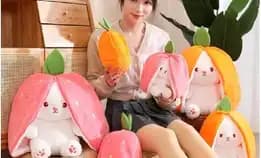 Boneka Kelinci Strawberry Wortel Mainan Flip Lucu Mewah Telinga Panjang Buah Bunny Rabbit Bahan Halu