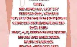 Prima Jasa Urus :Nib, Npwp, Ud, Cv, Pt, Pt Perorangan, Yayasan,Bpjs Ketenagakerjaan/Mandiricetak Ktp