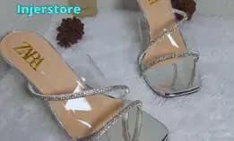 Sandal Hels Mules Tali Silang Elegan Hak Kaca 7cm