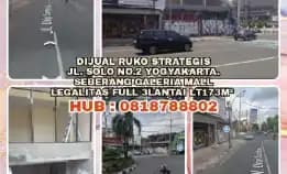 Ruko Dijual : Ruko Strategis Jl. Solo No.2 Yogyakarta.Seberang Galeria Mall. 3lantai Lt173m²