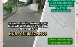 Dijual Murah Tanah 1250 M² Di Mlati Sleman Yogyakarta. Strategis Shm. H: 081802795999