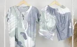 Setelan Baju Tidur Wanita Lengan Pendek Piyama Celana Pendek Motif Bulu Krisna Bahan Rayon